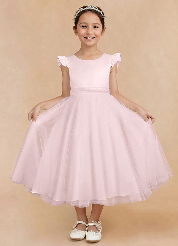 Azazie Hemi Flower Girl Dresses Blushing Pink A-Line Bow Tulle Dress image1