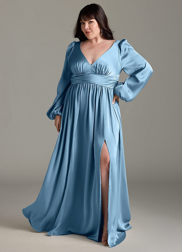 Azazie Norah Robes Demoiselle d'honneur Robe Trapèze en Satin extensible Acier Bleuté image1