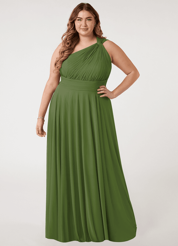 Azazie Charlize Bridesmaid Dresses Olive A-Line One Shoulder Mesh Dress image1