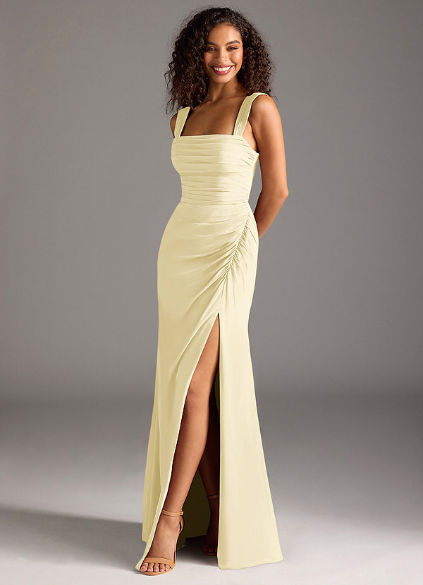 Azazie Jesaphine Bridesmaid Dresses Lemon Sorbet Sheath Bow Chiffon Dress image1