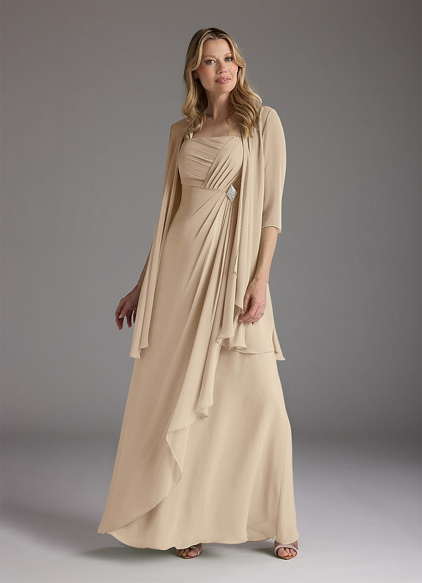 Azazie Weisz Mother of the Brides Dresses Champagne A-Line Square Neckline Pleated Chiffon Dress image1