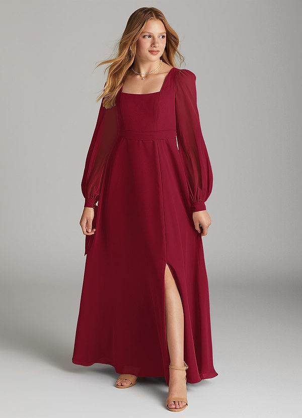 Azazie Leonia Junior Burgundy A-Line with Pockets Chiffon Dress image1