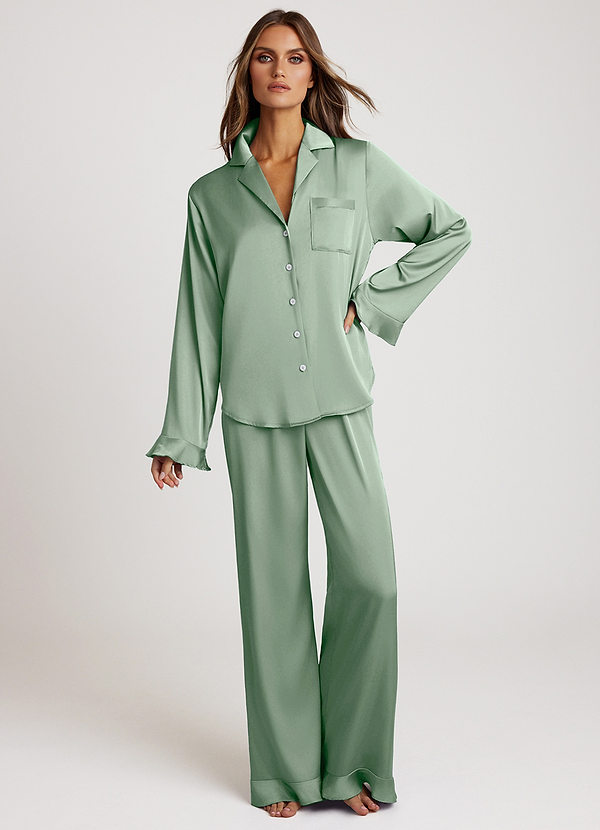 front Agave Langærmet pyjamassæt med flæser i satin