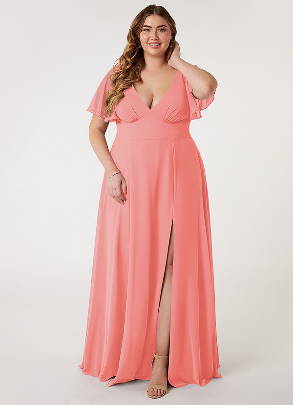 Azazie Kimber Bridesmaid Dresses Coral A-Line Flounce Sleeve Chiffon Dress image1