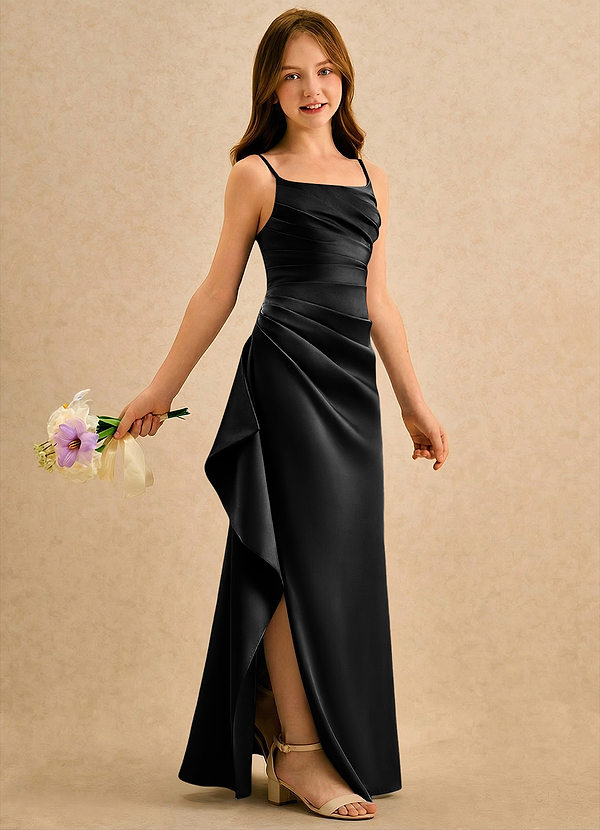 Azazie Cannoli Girls Formal Blomsterpigekjoler A-Line Plisseret Mat satin Gulv-længde Kjole image1