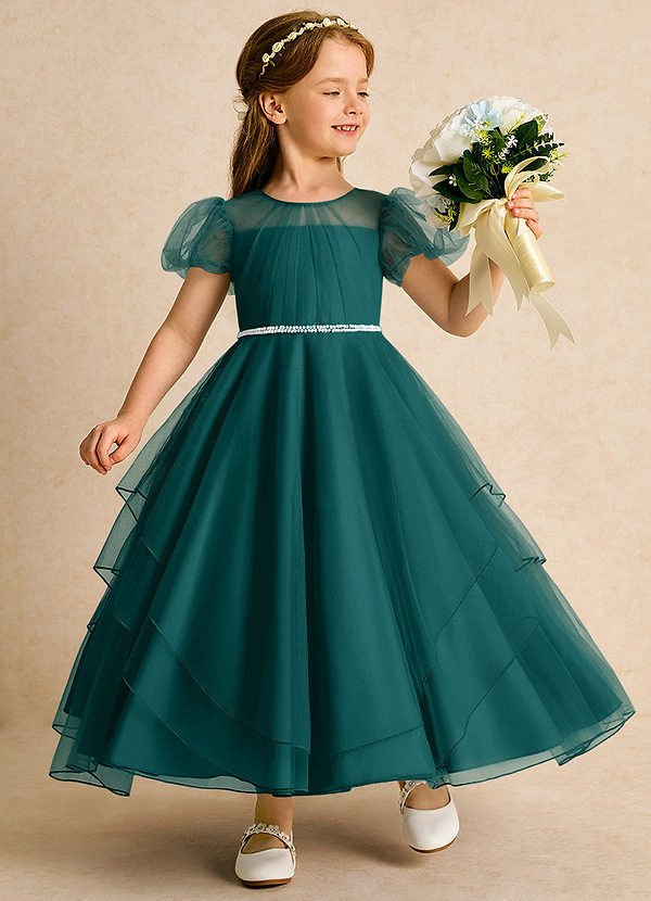 Azazie Duckie Abiti da Ragazza di Fiori Abito Principessa in Tulle Plissettato Verde Pavone image1