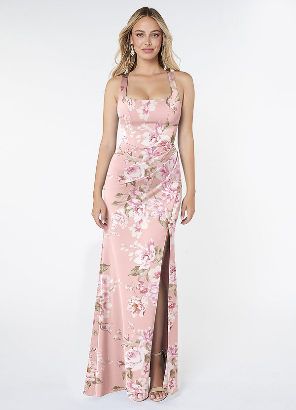 Azazie Mero Bridesmaid Dresses Rosy Floral Bloom Mermaid Pleated Stretch Satin Dress image1