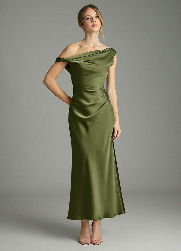 Azazie Emerson Bridesmaid Dresses Olive Mermaid Off the Shoulder Stretch Satin Dress image1