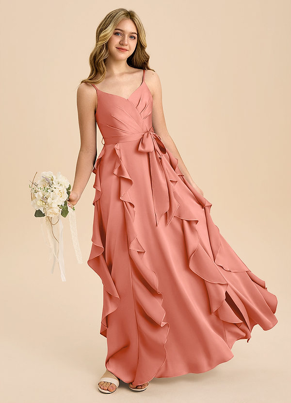 Azazie Peyton Junior Robe Trapèze en Satin extensible Plissée Rose Saumon image1