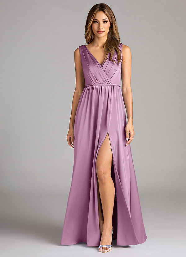 Azazie Tanicia Bridesmaid Dresses Wisteria A-Line Pleated Stretch Satin Dress image1