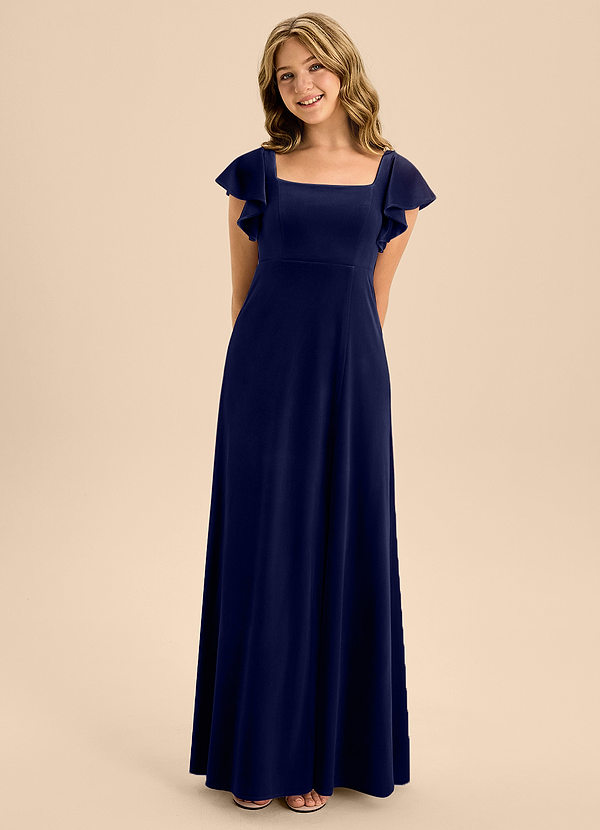 Azazie Bondi Junior Dark Navy A-Line Bow Velvet Dress image1