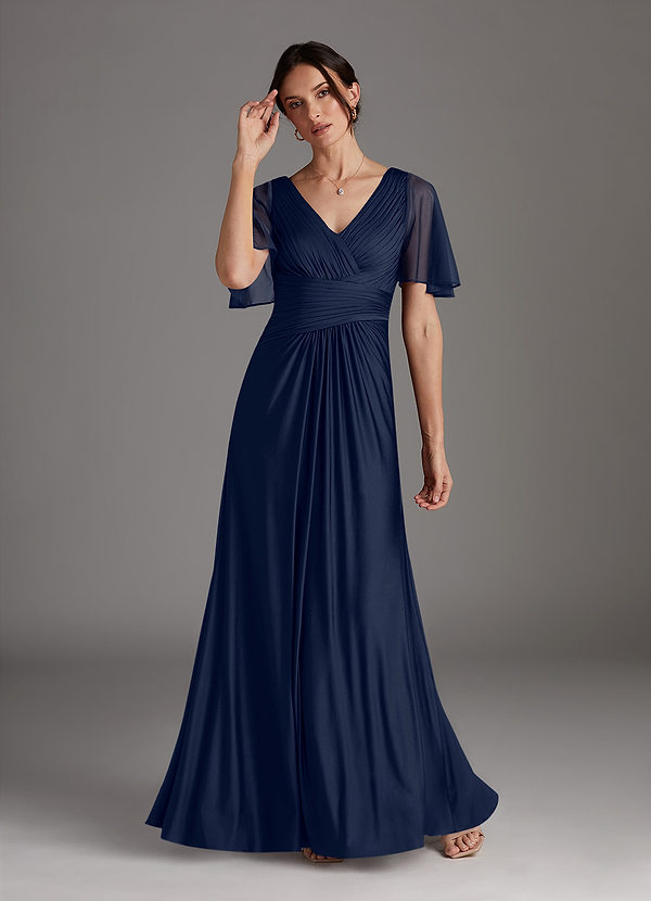 Azazie Sicily Mother of the Brides Dresses Dark Navy A-Line Pleated Jersey Dress image1
