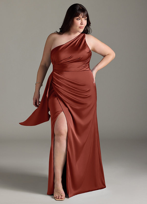 Azazie Maive Bridesmaid Dresses Terracotta Sheath Ruched Stretch Satin Dress image1