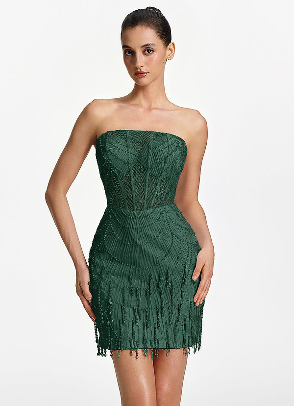 Malvina Verde Scuro Mini abito senza spalline con corsetto in rete e frange di perle image1