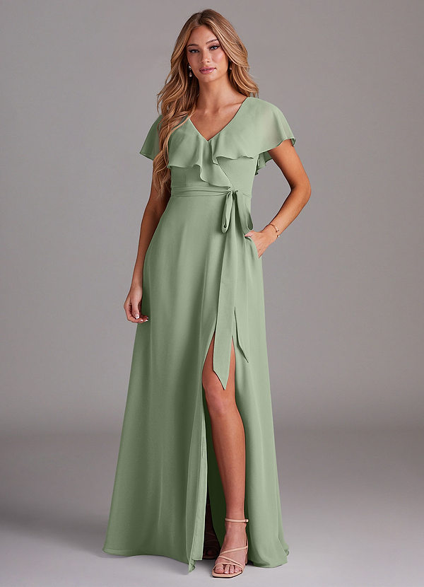 Azazie Lainey Bridesmaid Dresses Dusty Sage A-Line with Pockets Chiffon Dress image1