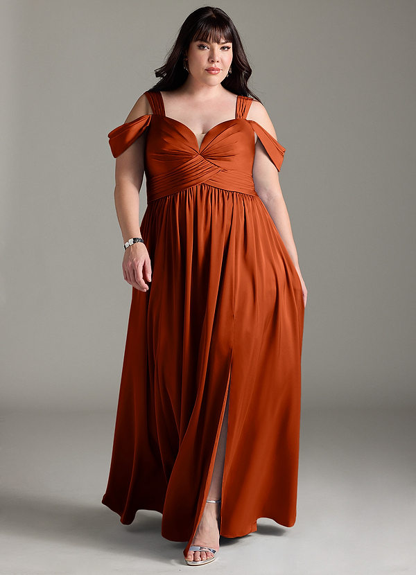 Azazie Lianne Robes Demoiselle d'honneur Robe Trapèze en Satin extensible Épaule décolletée Paprika image1