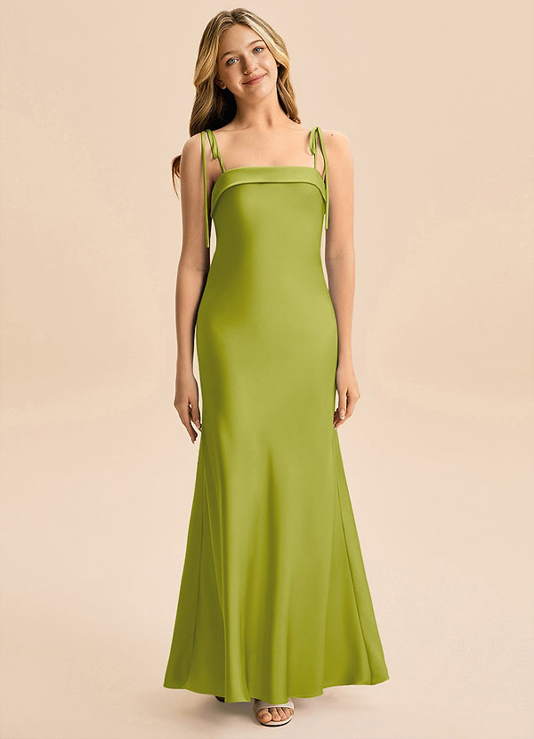 Azazie Willa Junior Vestido Hierba De Limón de Satén Elástico de Corte Sirena con Lazo image1
