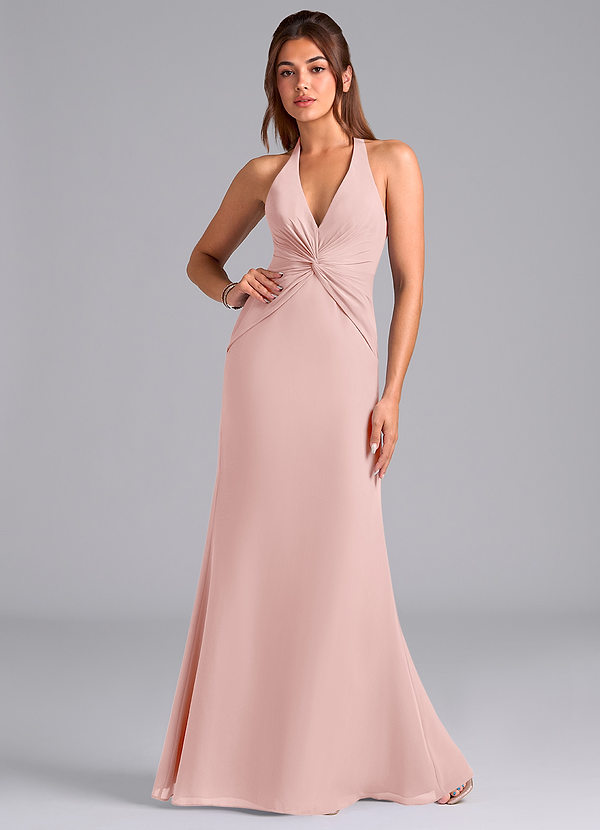 Azazie Valerie Vestidos Dama de Honor Vestido de Rosa Empolvado de Gasa de Corte Sirena con Plisado image1