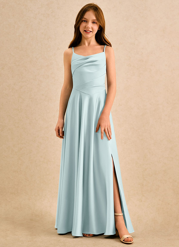 Azazie Coconut Girls Formal Sukienki dla dziewczynek sypiących kwiaty Linia A Pofałdowany Satyna elastyczna Długość podłogi Sukienka image1