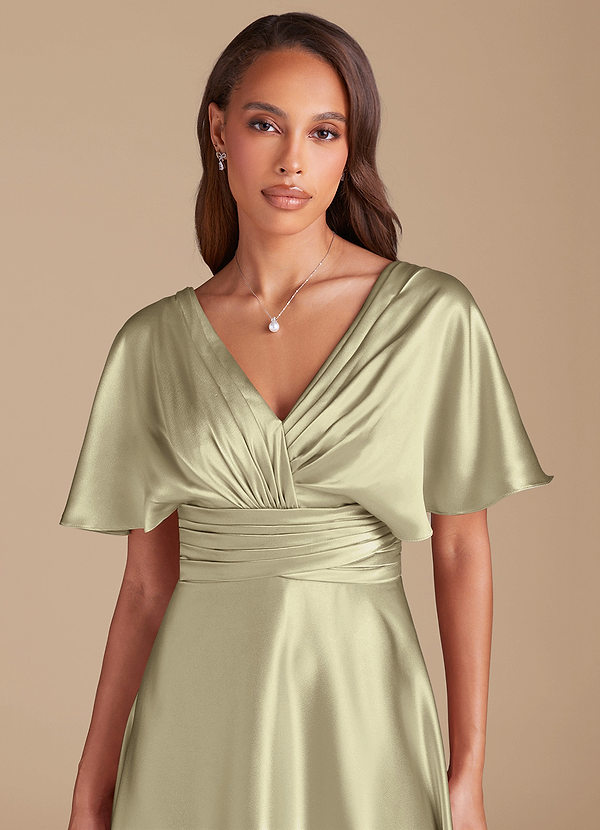 Azazie Pamela Bridesmaid Dresses Moss Green A-Line Pleated Metallic Satin Dress image1