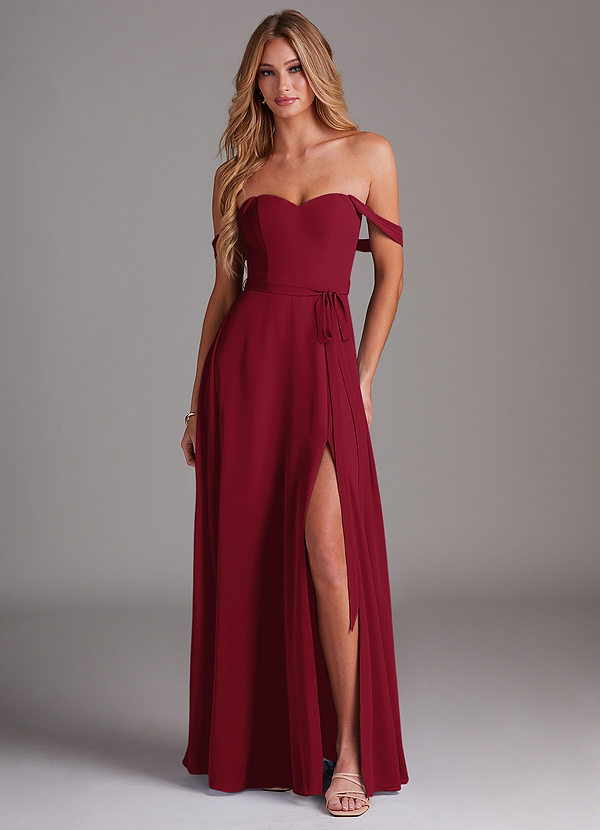 Azazie Aaron Bridesmaid Dresses Burgundy A-Line Off the Shoulder Chiffon Convertible Dress image1