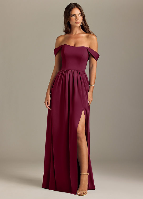 Azazie Calianna Bridesmaid Dresses Mulberry A-Line Off the Shoulder Stretch Satin Convertible Dress image1