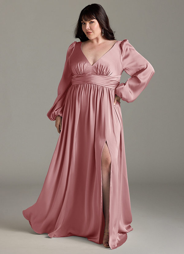 Azazie Norah Robes Demoiselle d'honneur Robe Trapèze en Satin extensible Rose Poussiéreuse image1