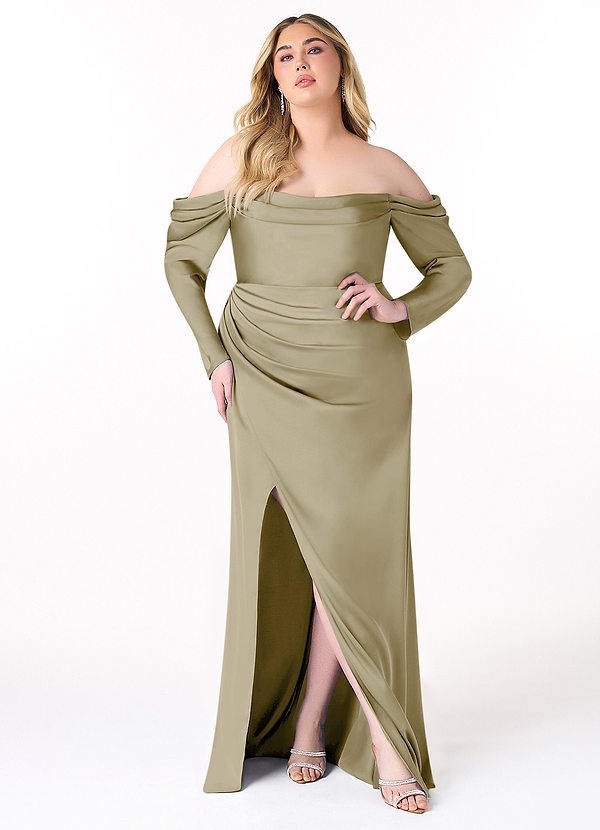 Azazie Hallie Bridesmaid Dresses Moss Green Sheath Off-The-Shoulder Long Sleeve Stretch Satin Convertible Dress image1