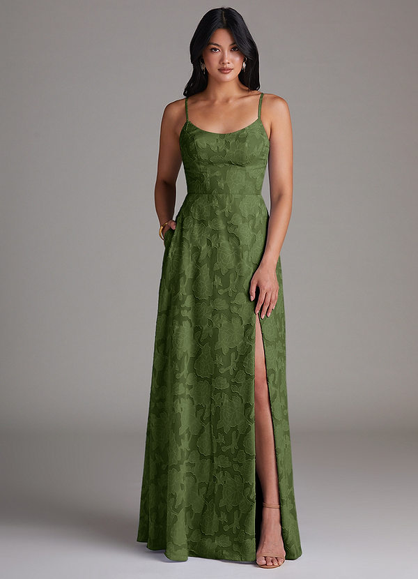 Azazie Moira Bridesmaid Dresses Olive A-Line Side Slit Floral Burnout Dress image1