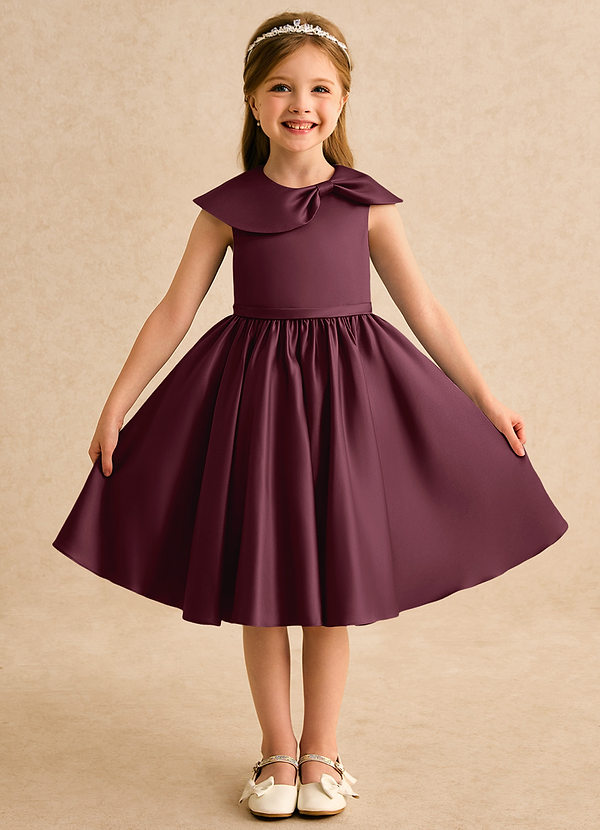 Azazie Acorn Flower Girl Dresses Cabernet A-Line Pleated Matte Satin Dress image1