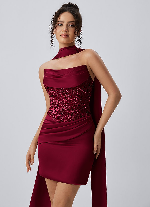 Irene Burgundy Halter Satin Sequin Lace-Up Mini Dress image1