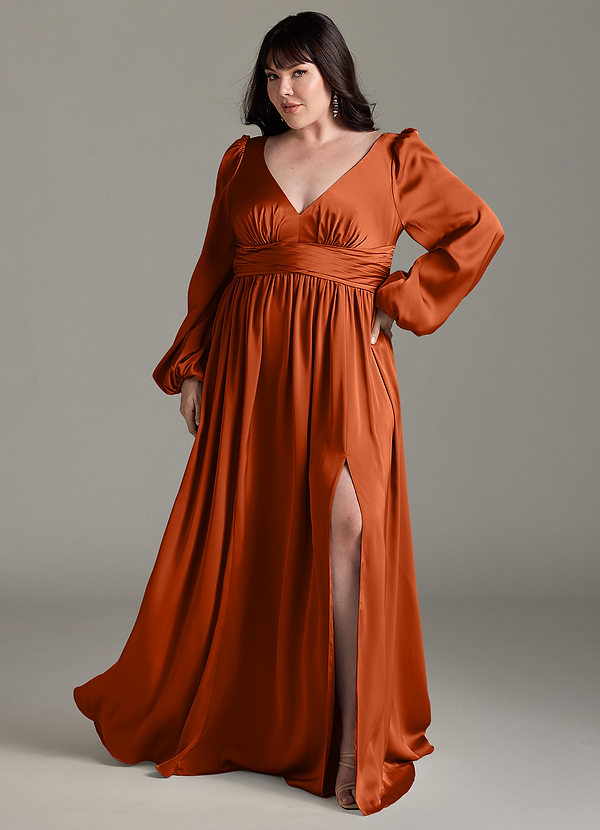Azazie Norah Robes Demoiselle d'honneur Robe Trapèze en Satin extensible Orange Brûlée image1