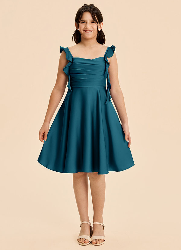 Azazie Kira Junior Vestido de Azul Tinta de Satén Elástico de Corte en A con Volante image1