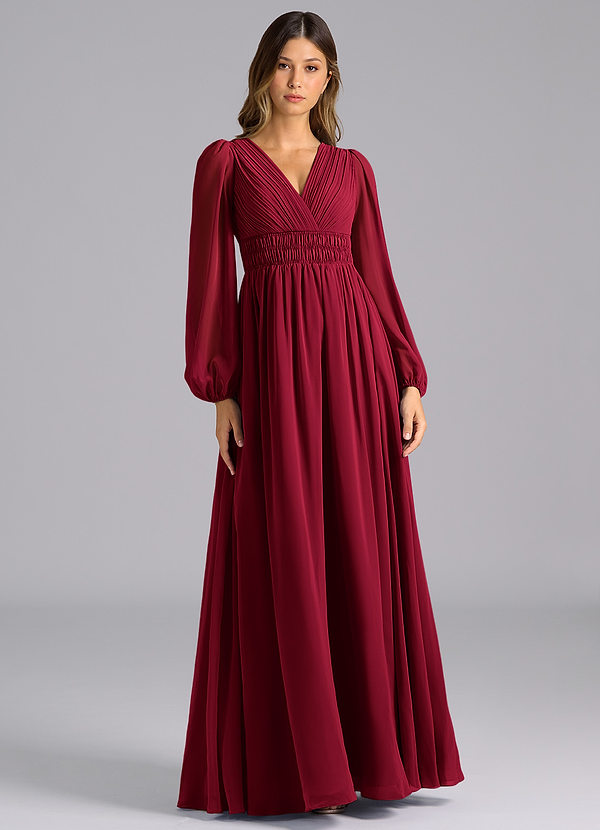 Azazie Palerma Bridesmaid Dresses Burgundy A-Line Long Sleeve Chiffon Dress image1
