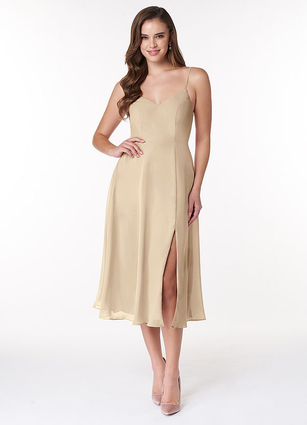 Azazie Clarissa Bridesmaid Dresses Champagne A-Line V-Neck Chiffon Dress image1