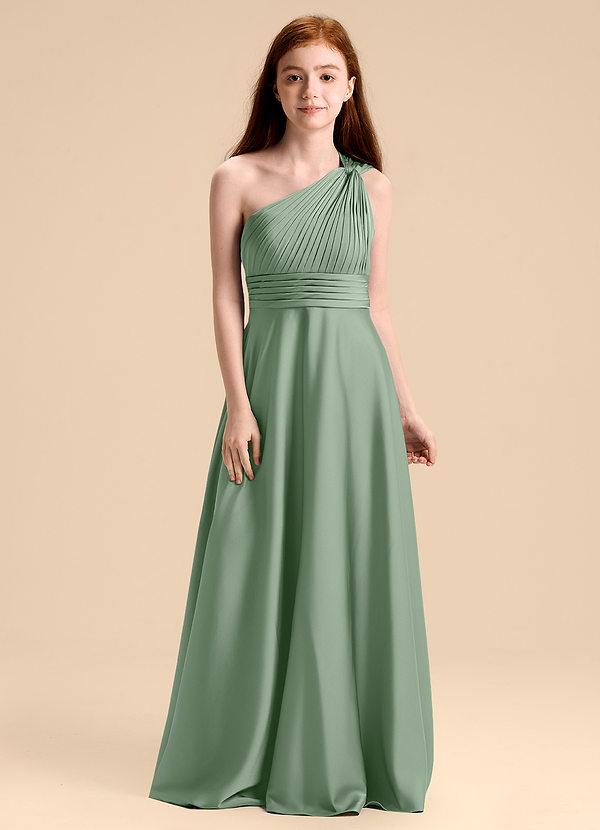 Azazie Charlize Junior Abito A-Line in Raso Elasticizzato Plissettato Matcha image1