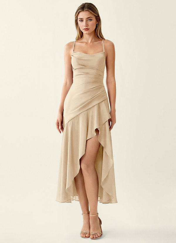 Heloise Champagne Maxi-jurk van satijn met vetersluiting op de rug image1
