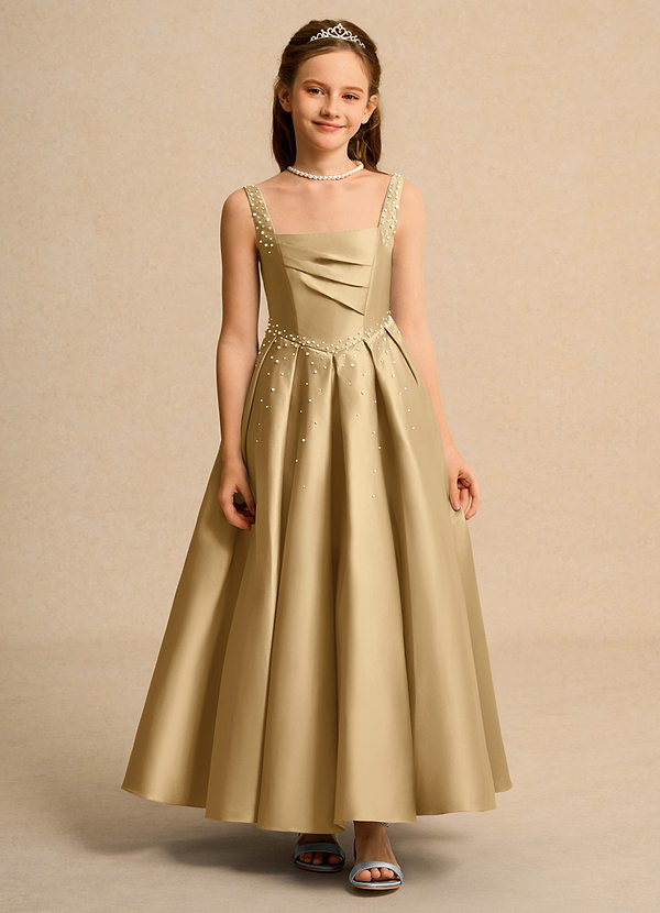 Azazie Mochi Girl Flower Girl Dresses Gold Ball-Gown Pleated Matte Satin Dress image1