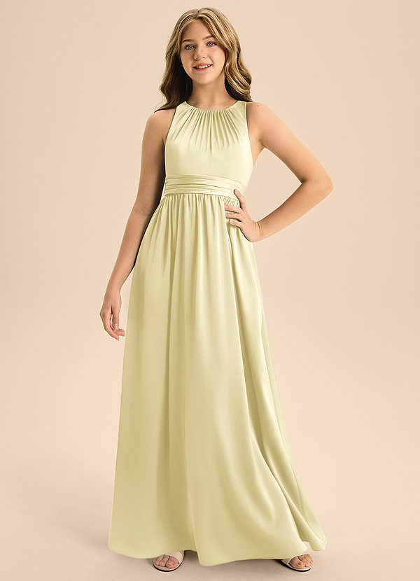Azazie Jaylah Junior Lemon Sorbet A-Line Pleated Stretch Satin Dress image1