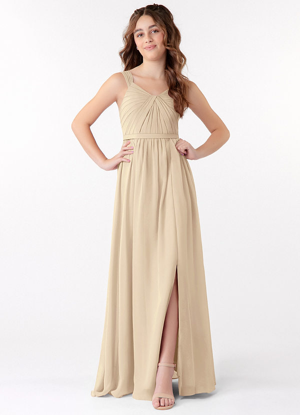 Azazie Evie Junior Champagne A-Line Pleated Chiffon Dress image1