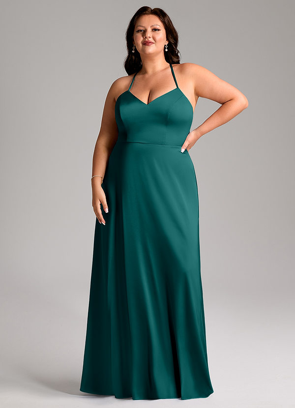Azazie Mei Abiti da Damigella Abito A-Line in Raso Elasticizzato con Scollo a V Verde Pavone image1