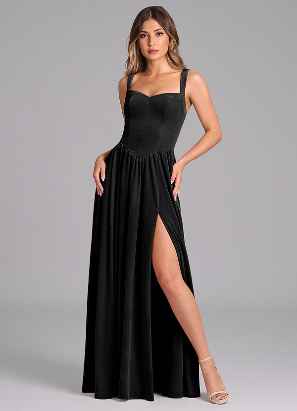 Azazie Francis Robes Demoiselle d'honneur Robe Trapèze en velours Corset Noir image1