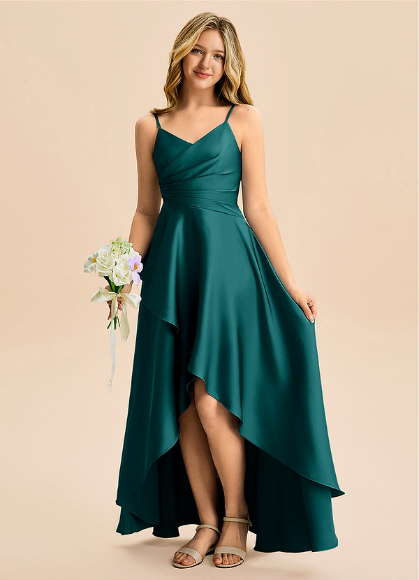 Azazie Eirlys Junior Peacock A-Line Pleated Stretch Satin Dress image1