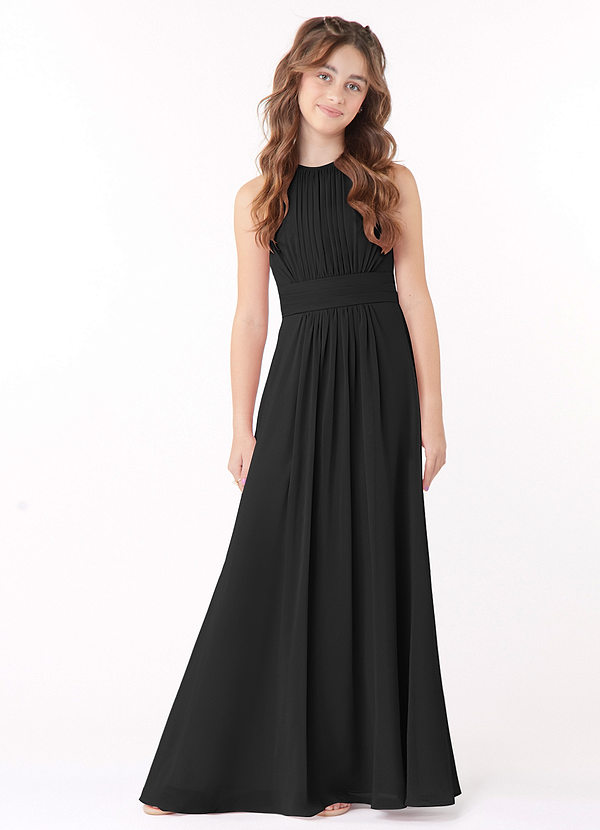Azazie Bonnie Junior Black A-Line Pleated Chiffon Dress image1