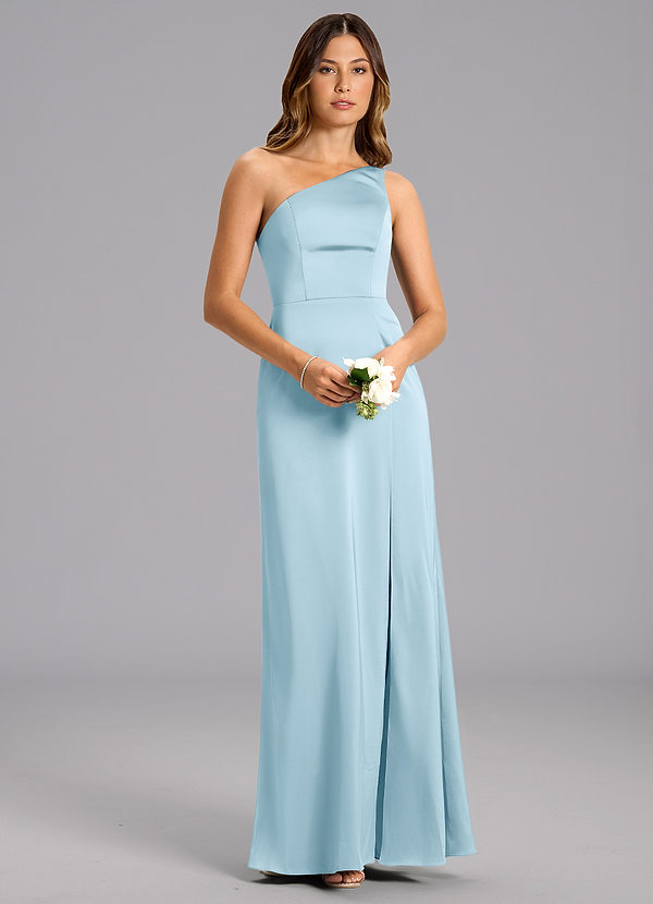 Azazie Feby Bridesmaid Dresses Sky Blue A-Line One Shoulder Stretch Satin Dress image1