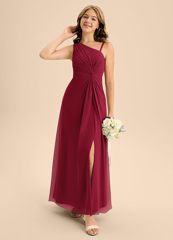 Azazie Brooke Junior Burgundy A-Line Side Slit Chiffon Dress image1