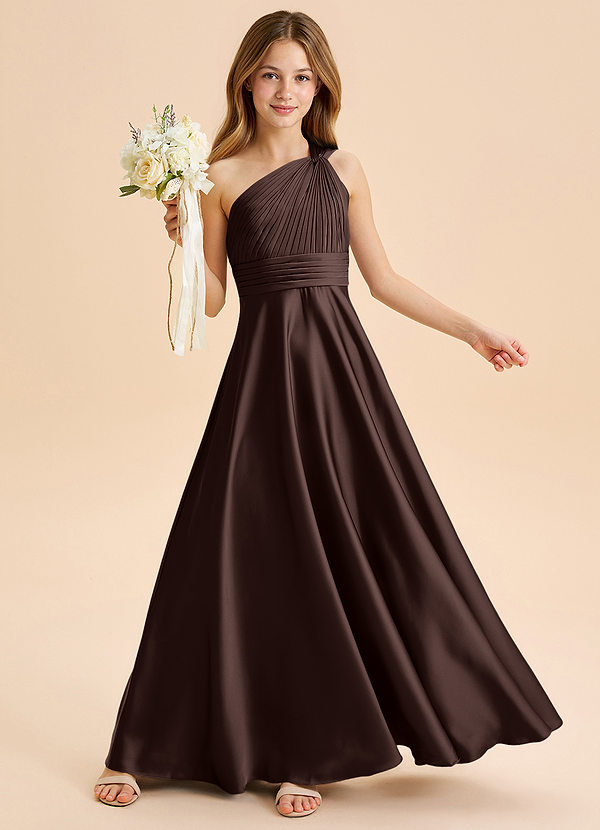 Azazie Charlize Junior Robe Trapèze en Satin extensible Plissée Ganache image1