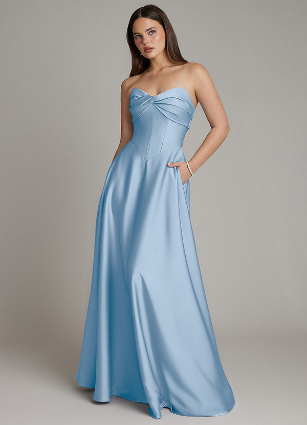 Azazie Meleena Bridesmaid Dresses Powder Blue A-Line Strapless Stretch Satin Dress image1