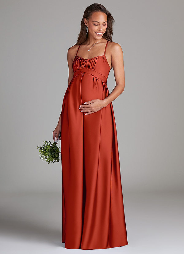 Azazie Llana Maternity Bridesmaid Dresses A-Line Stretch Satin Floor-Length Dress with Pockets image1