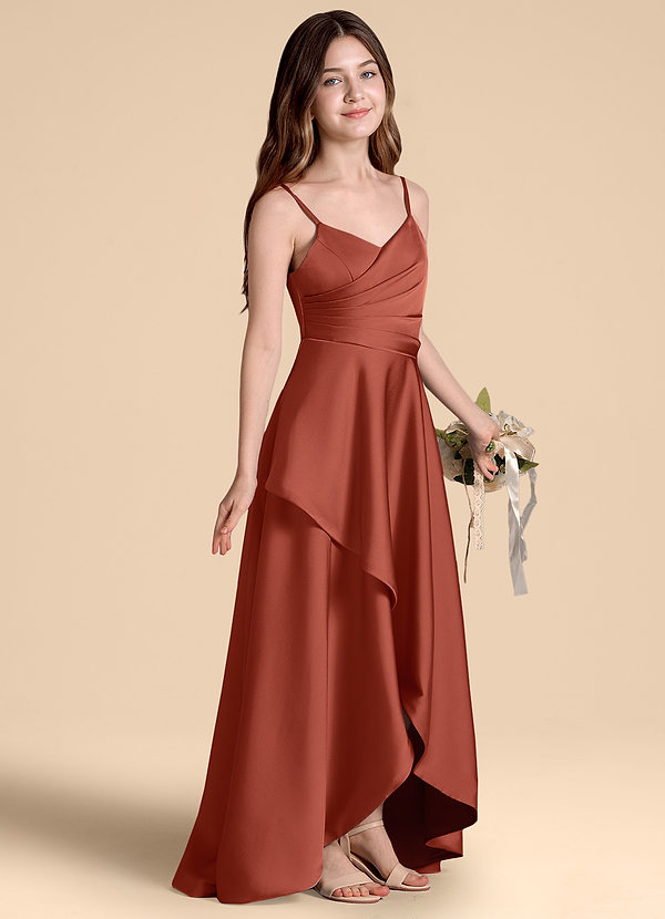 Azazie Prisha Junior Terracotta A-Line Pleated Stretch Satin Dress image1